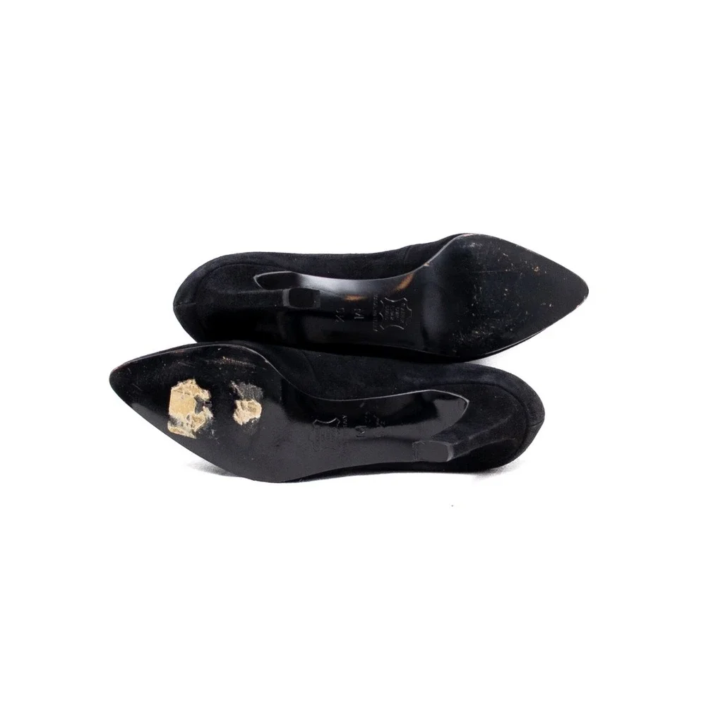 Vintage Fendi Scarpe Black Suede T-Strap Heels with Gold FF Buckle–Size 5.5/EU36